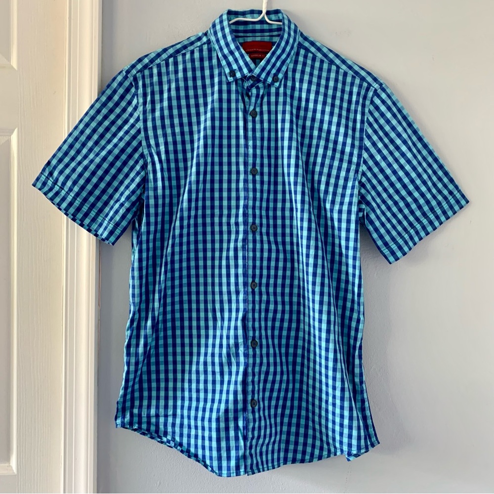Zara men Short Sleeve Blue Navy checkered button down Slim Fit Men’s medium